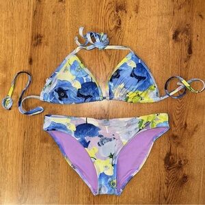 Aerie Purple/blue Floral Bikini Top And Bottoms, M  Top Small Bottoms